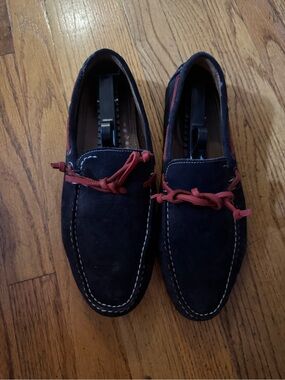 Saks Fifth Avenue Black Label Navy Suede Boat Shoes with Red Laces